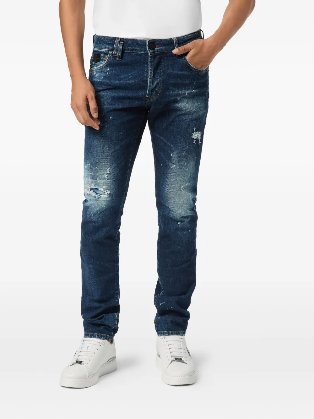 Philipp Plein paint-splatter distressed jeans - Blauw