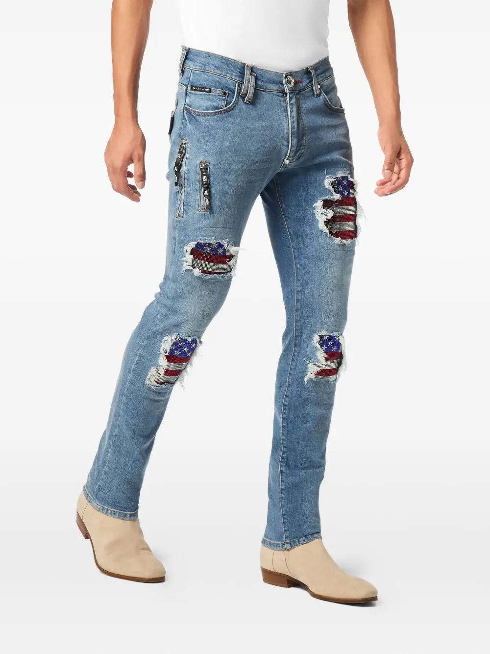 Philipp Plein Rock Star Fit jeans verfraaid met Amerikaanse vlag - Blauw
