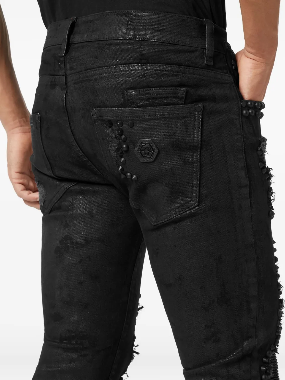 Philipp Plein Rock Star Fit Panel-inserted Studded Jeans In Black