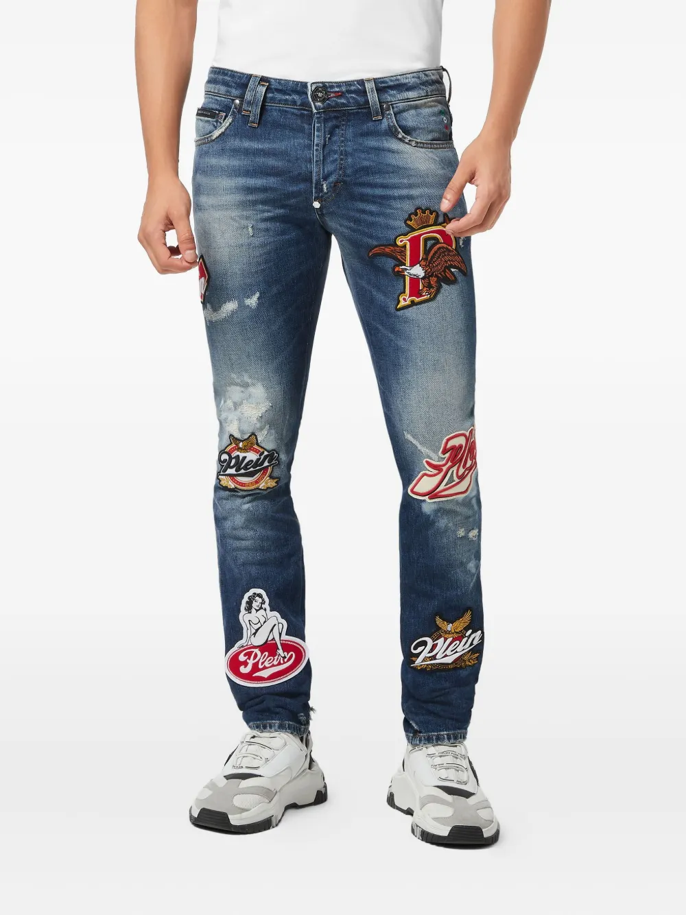 Philipp Plein Gerafelde jeans met patch - Blauw