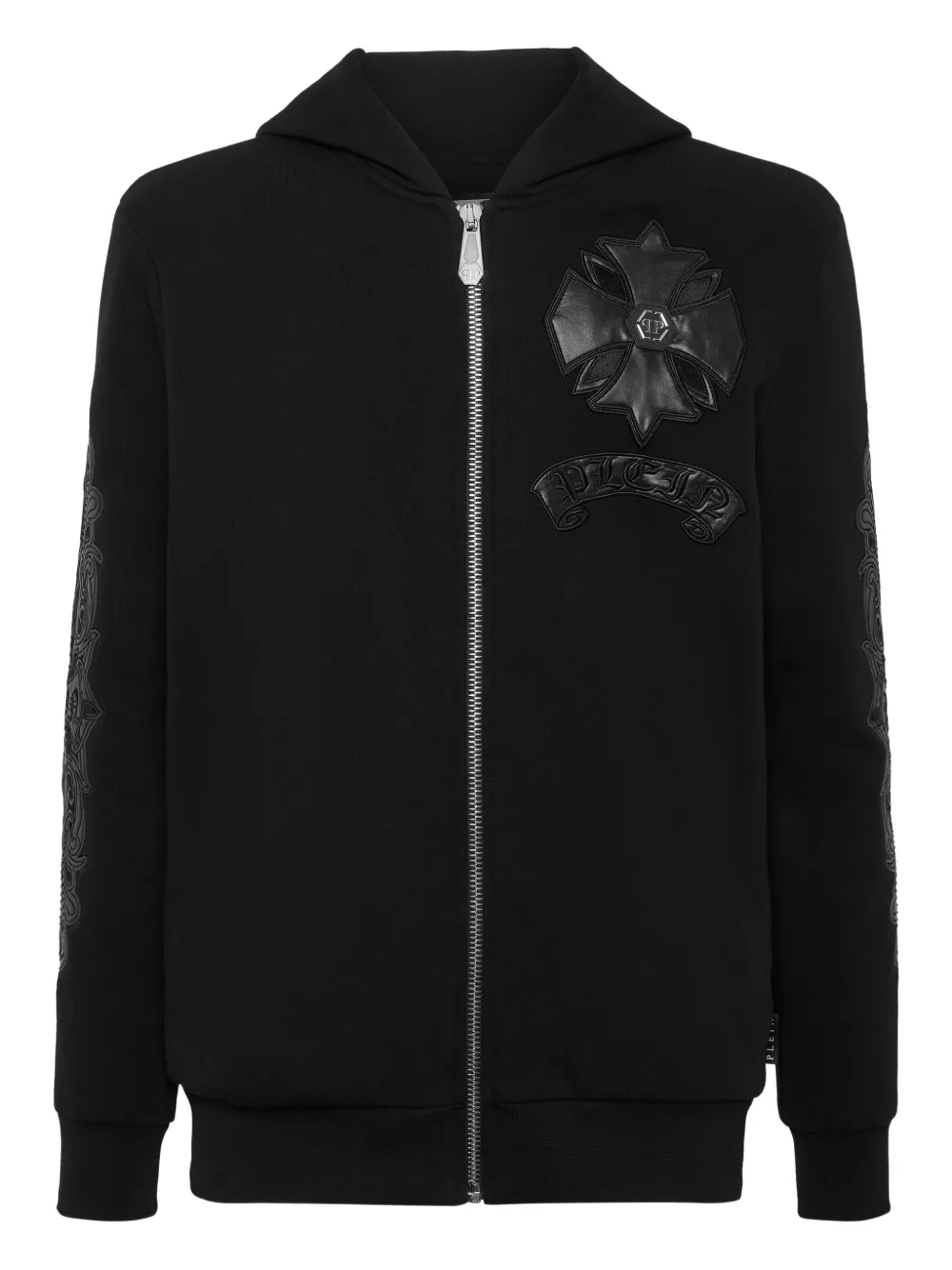 Philipp Plein leather-insert crest-zip hoodie | Black | Image 1
