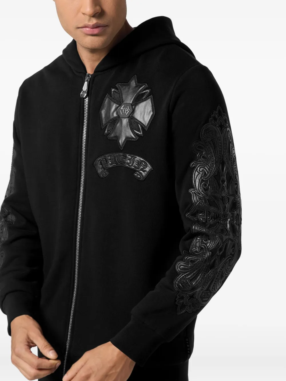 Philipp Plein Hoodie met leren vlakken en rits Zwart