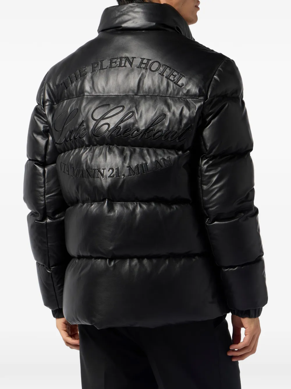 Philipp Plein Leren donsjack met logopatch Zwart