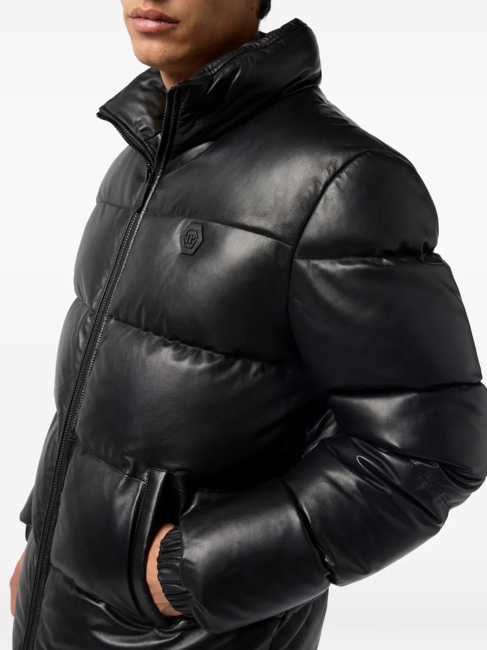 Philipp Plein Leren donsjack met logopatch Zwart