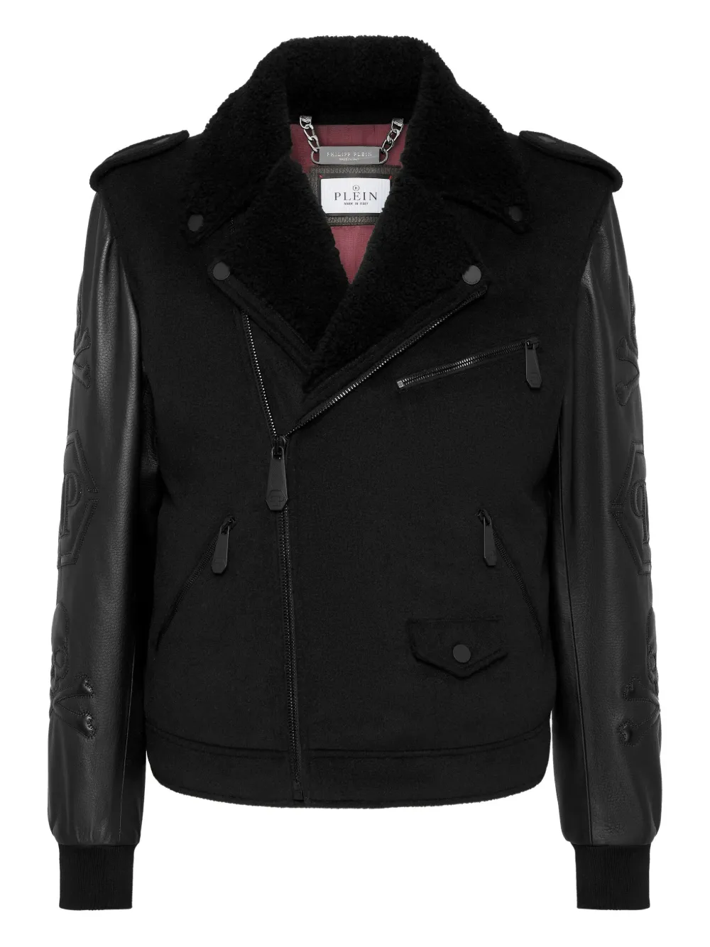 Philipp Plein leather-sleeve skull-embellished biker jacket | Black | Image 1