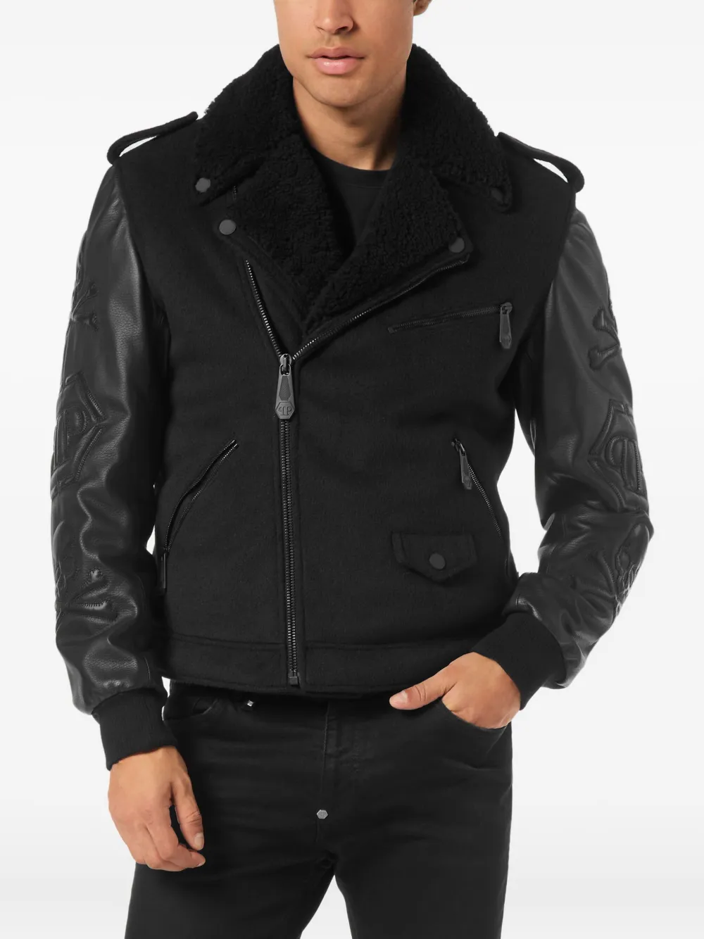 Philipp Plein leather-sleeve skull-embellished biker jacket | Biker Jackets | Image 2