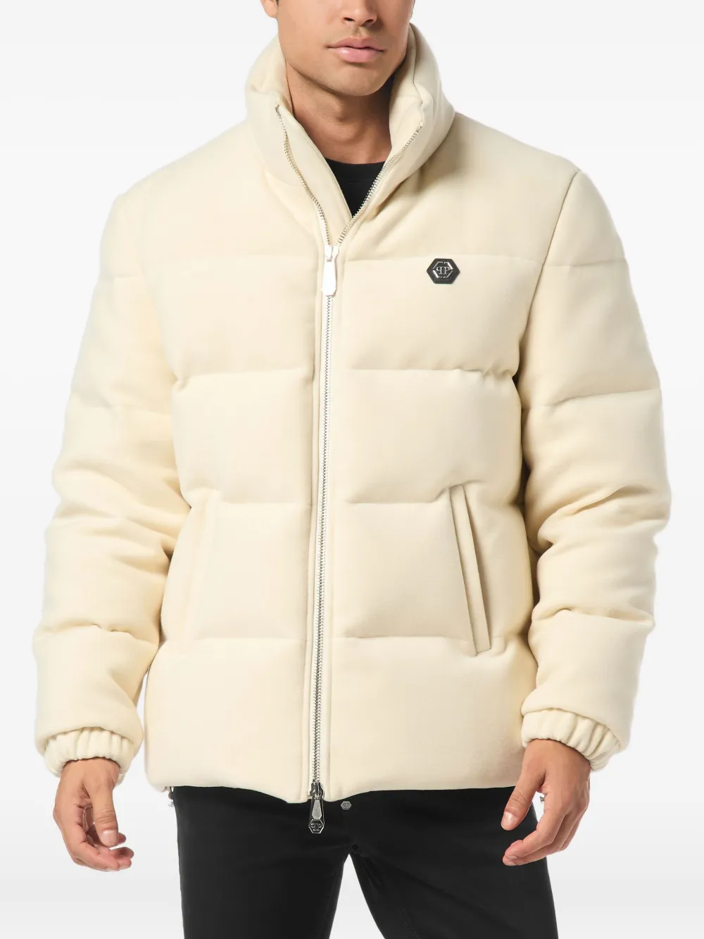 Philipp Plein Quilted Embroidered Puffer Jacket In Neutral