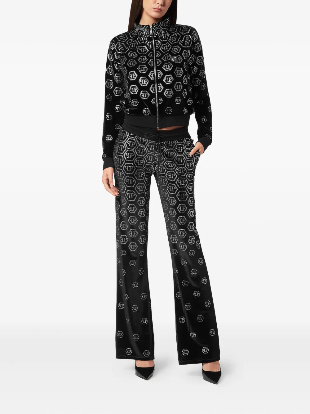 Philipp Plein Sweater met monogram stras en rits Zwart