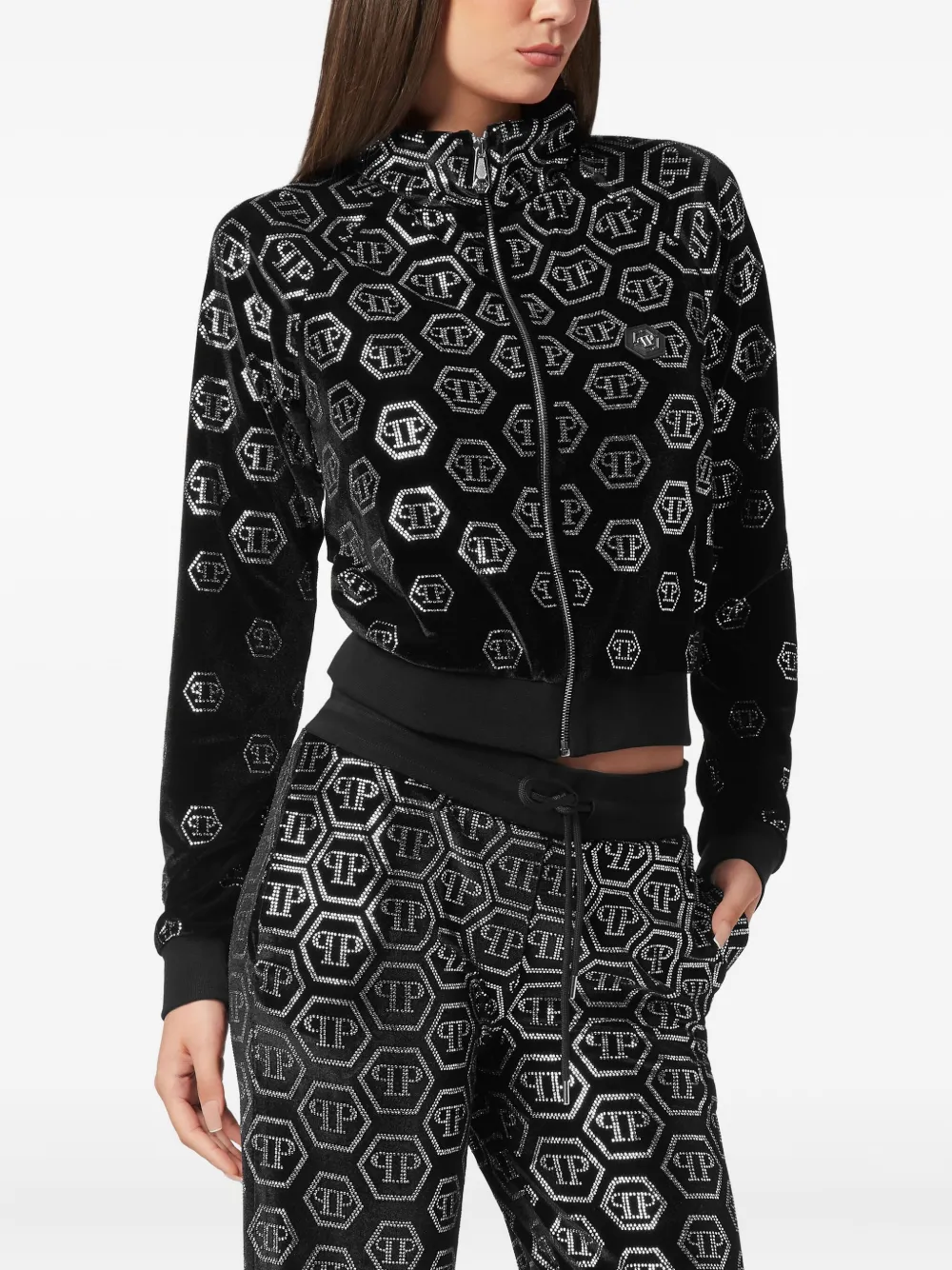 Philipp Plein Sweater met monogram stras en rits Zwart