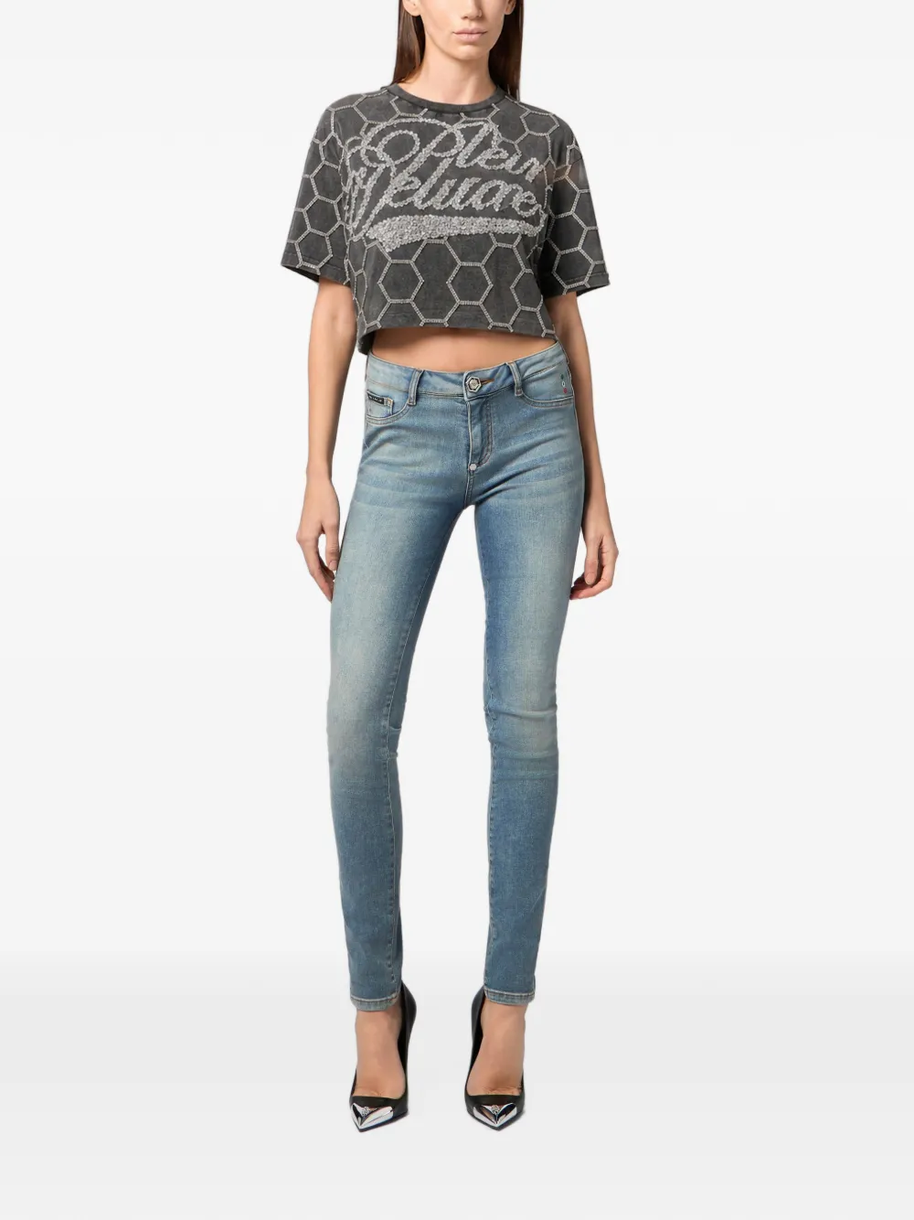 Philipp Plein cropped T-shirt met deluxe kristal Grijs