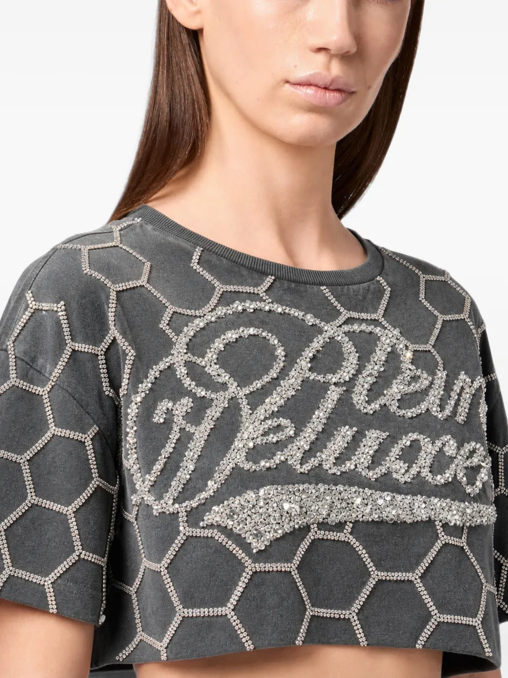 Philipp Plein cropped T-shirt met deluxe kristal Grijs