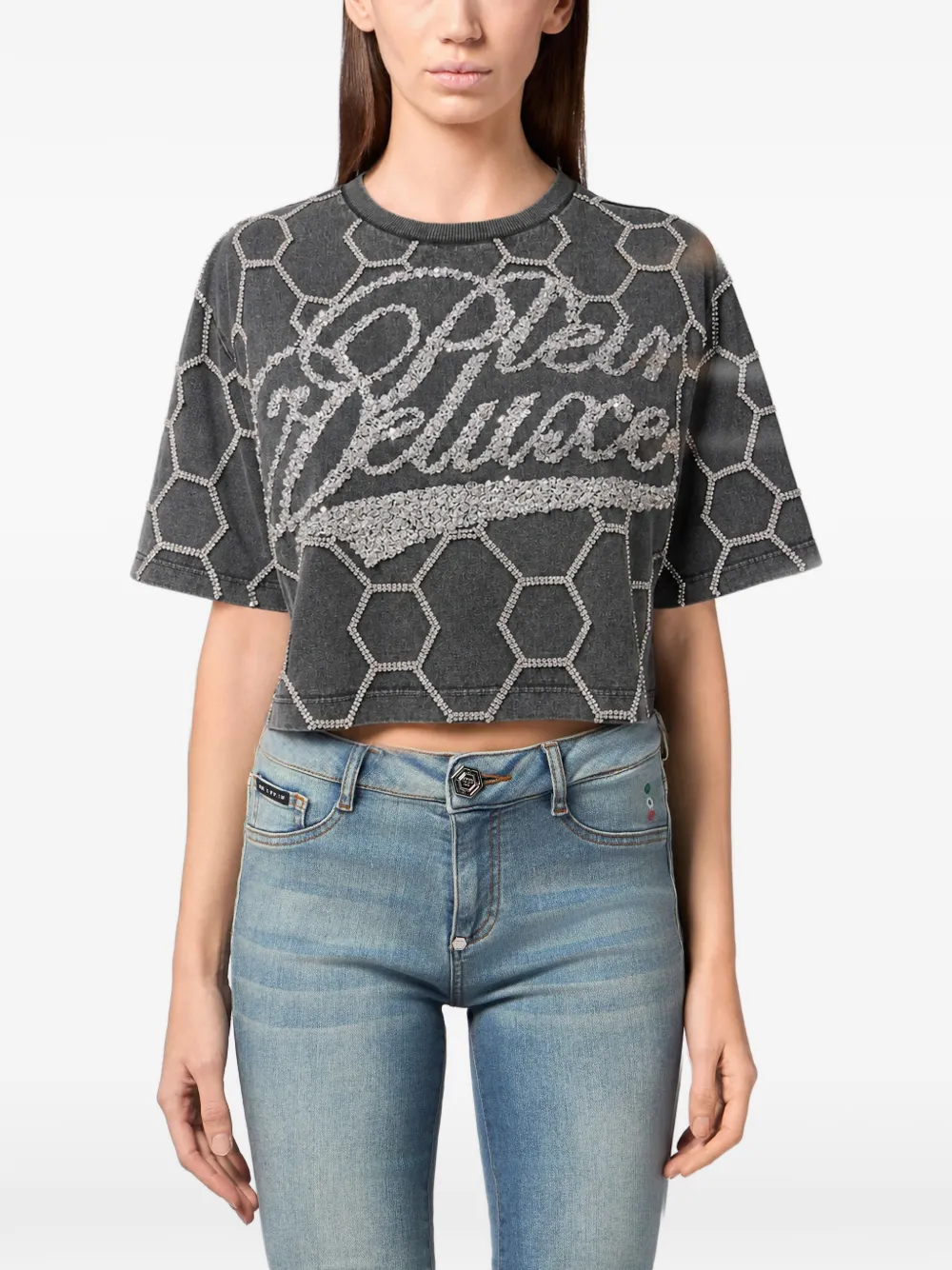 Philipp Plein cropped T-shirt met deluxe kristal Grijs
