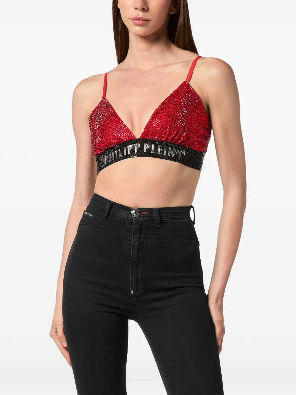 Philipp Plein Rhinestone-embellished Triangle-cup Bra In Red