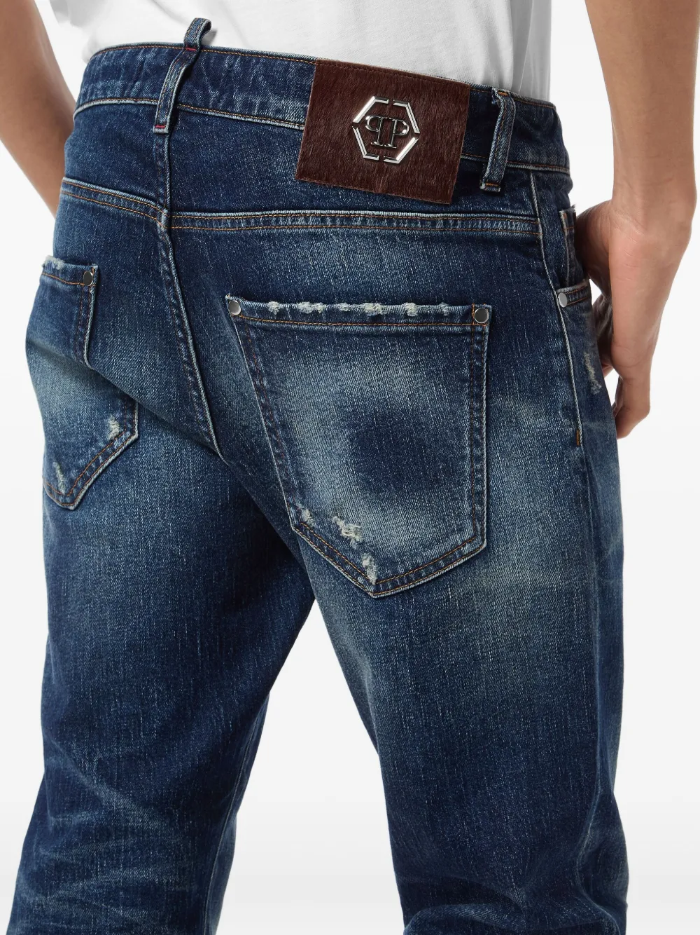 Philipp Plein Jeans met gerafeld logoplakkaat Blauw