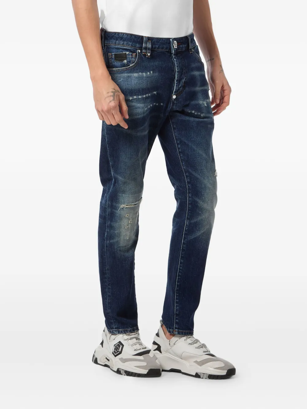 Philipp Plein Jeans met gerafeld logoplakkaat Blauw