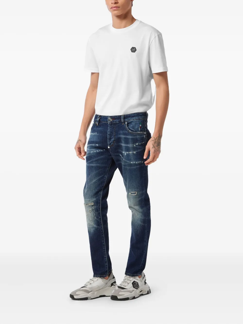 Philipp Plein Jeans met gerafeld logoplakkaat - Blauw
