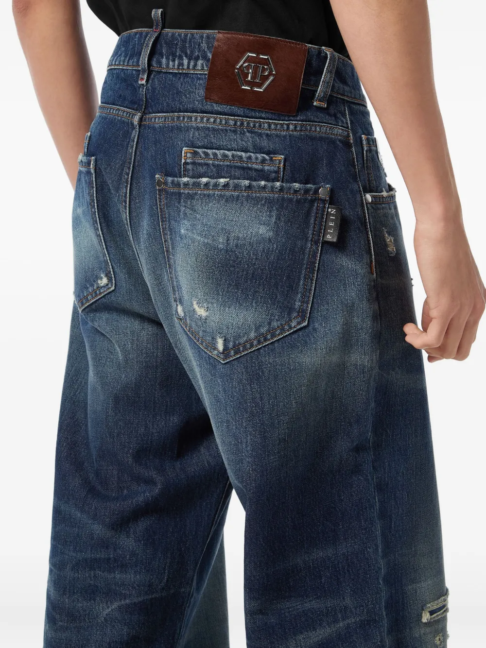 Philipp Plein Jeans met gerafeld logoplakkaat Blauw