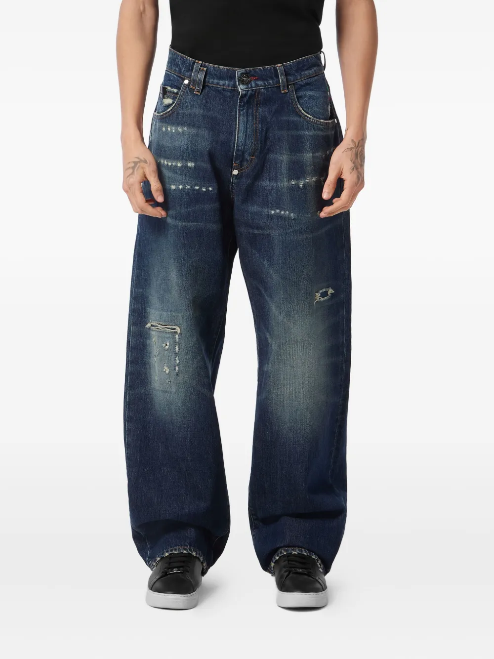 Philipp Plein Jeans met gerafeld logoplakkaat - Blauw
