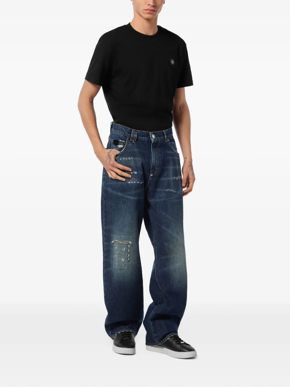 Philipp Plein Jeans met gerafeld logoplakkaat Blauw
