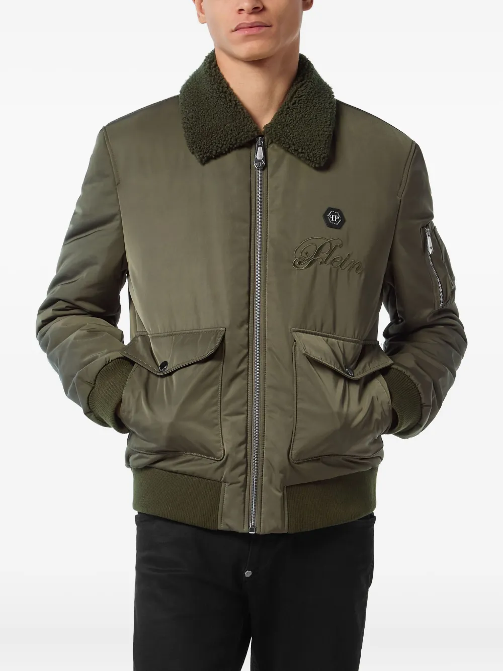 Philipp Plein Bomberjack met geborduurde lammy kraag Groen