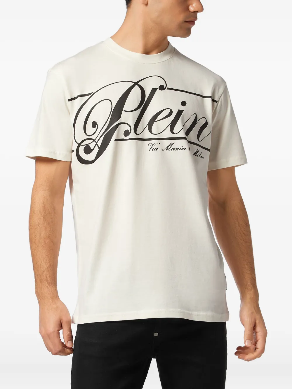 Philipp Plein italic logo-print cotton T-shirt Beige