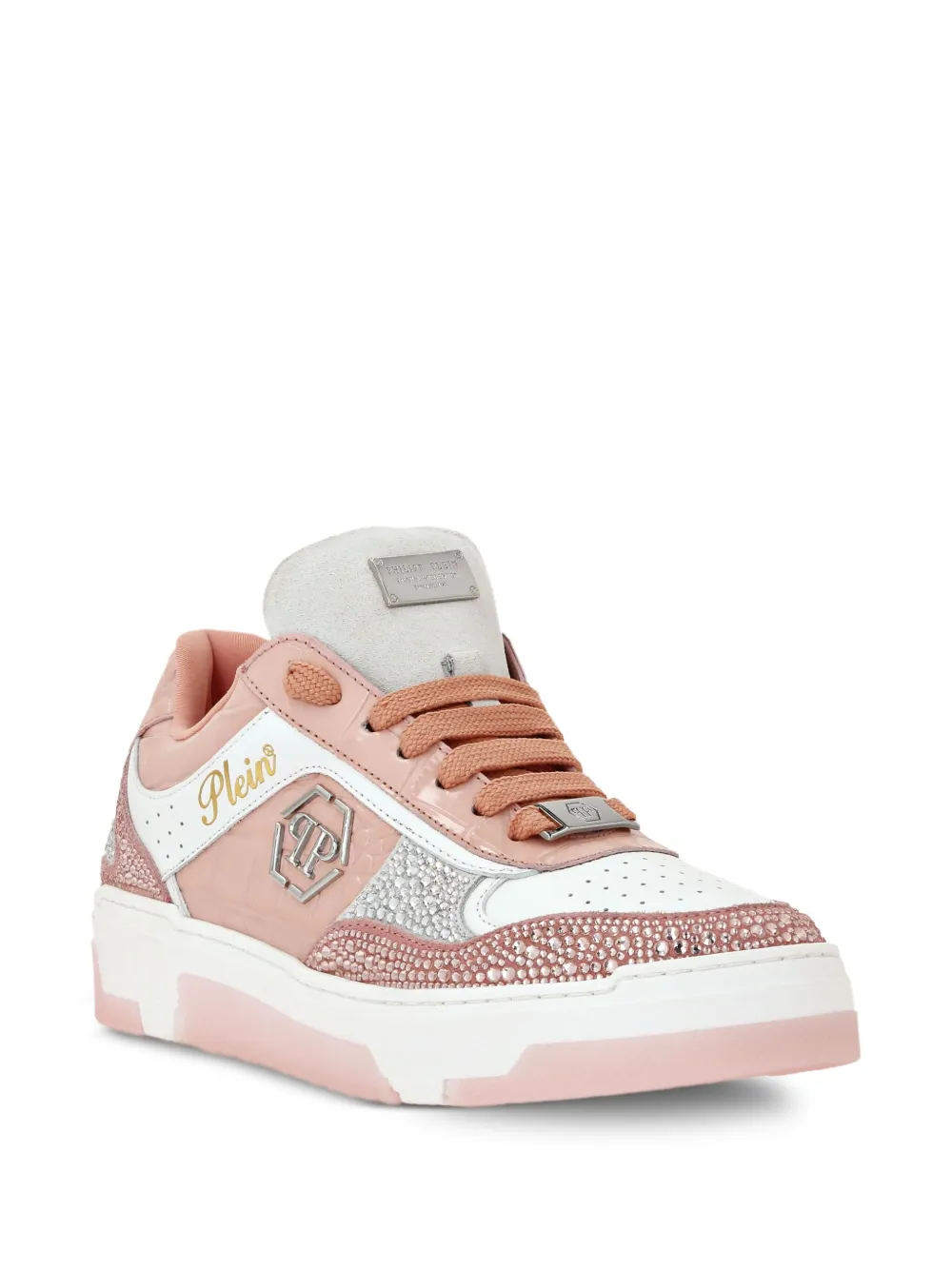 Philipp Plein Crystal-embellished Croc-embossed Leather Sneakers In Pink