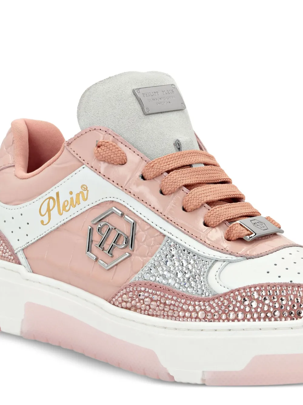 Philipp Plein Crystal-embellished Croc-embossed Leather Sneakers In Pink
