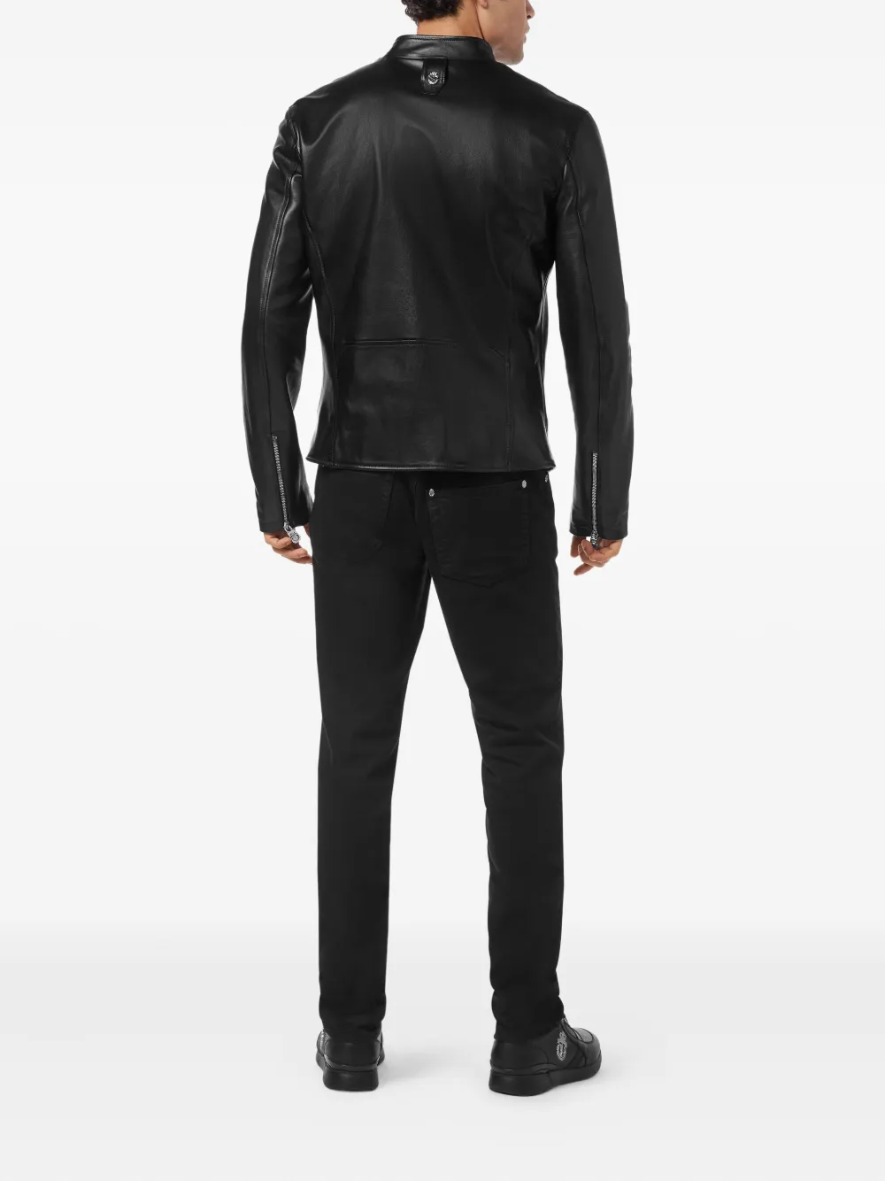 Billionaire Leren jack met ritssluiting en borduurwerk Zwart