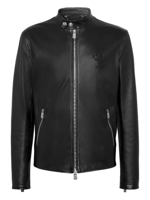 Billionaire embroidered zip-fastening leather jacket