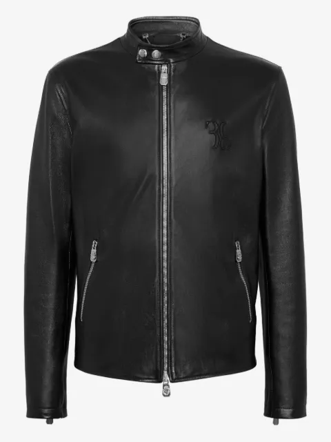 Billionaire embroidered zip-fastening leather jacket