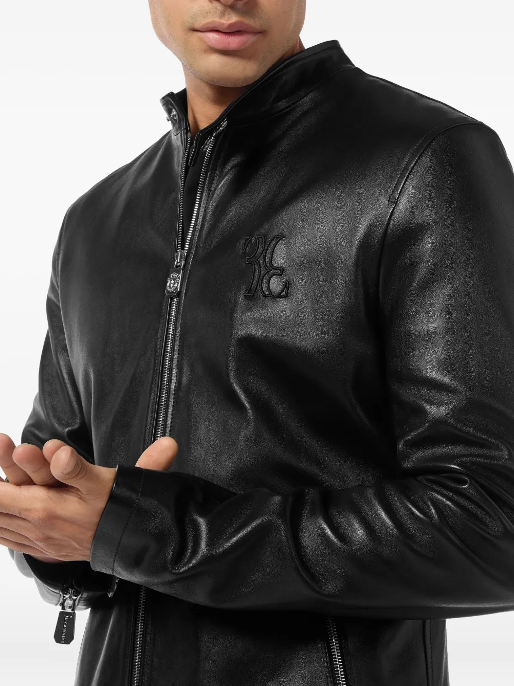 Billionaire Leren jack met ritssluiting en borduurwerk Zwart