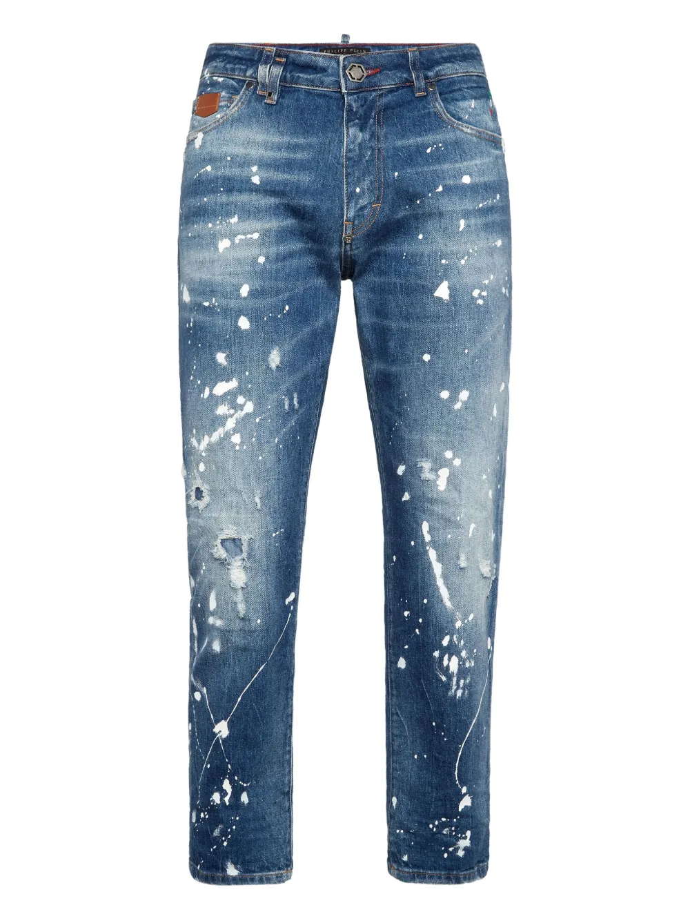 Philipp Plein Detroit Fit Paint-splatter Jeans In Blue