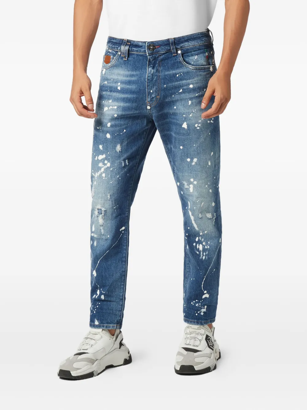 Philipp Plein Detroit Fit Paint-splatter Jeans In Blue
