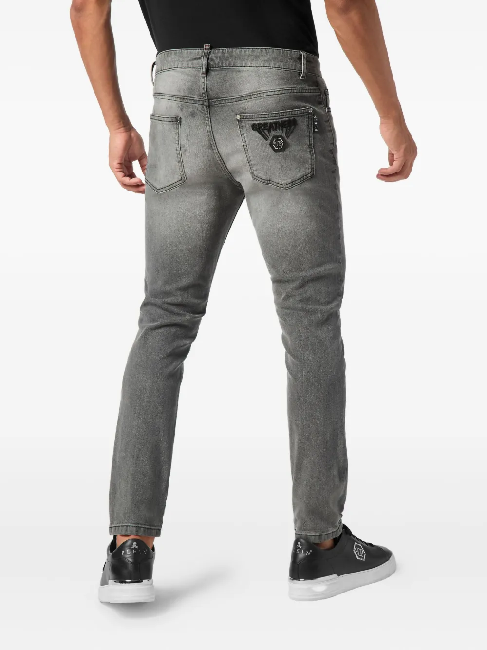 Philipp Plein Greatness Embroidered-logo Jeans In Gray