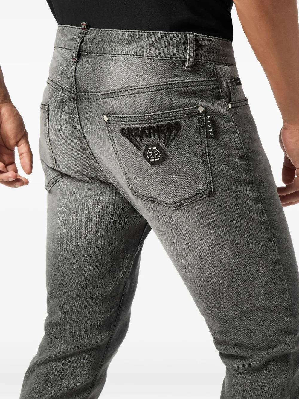 Philipp Plein Greatness Embroidered-logo Jeans In Gray