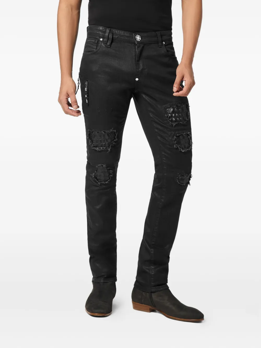 Philipp Plein Distressed Slim-fit Jeans In Black