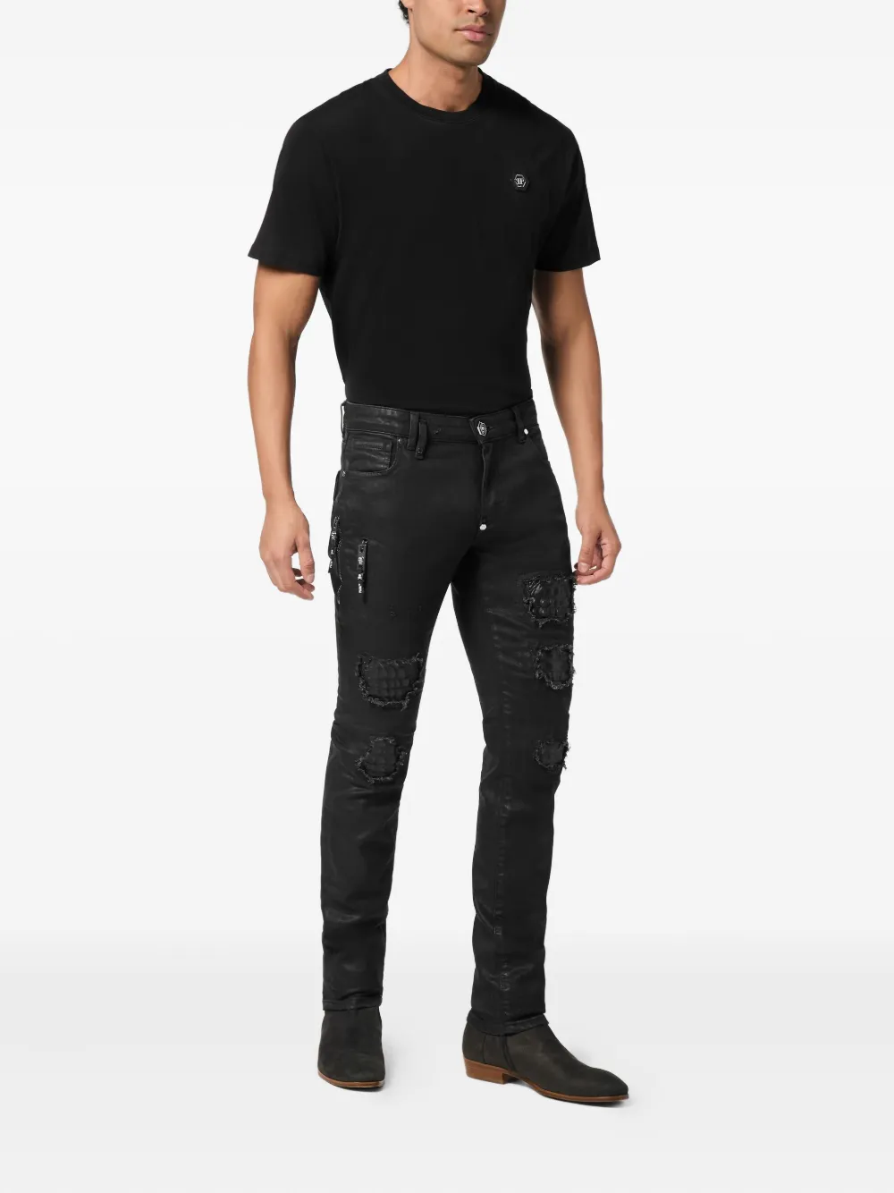 Philipp Plein Distressed Slim-fit Jeans In Black