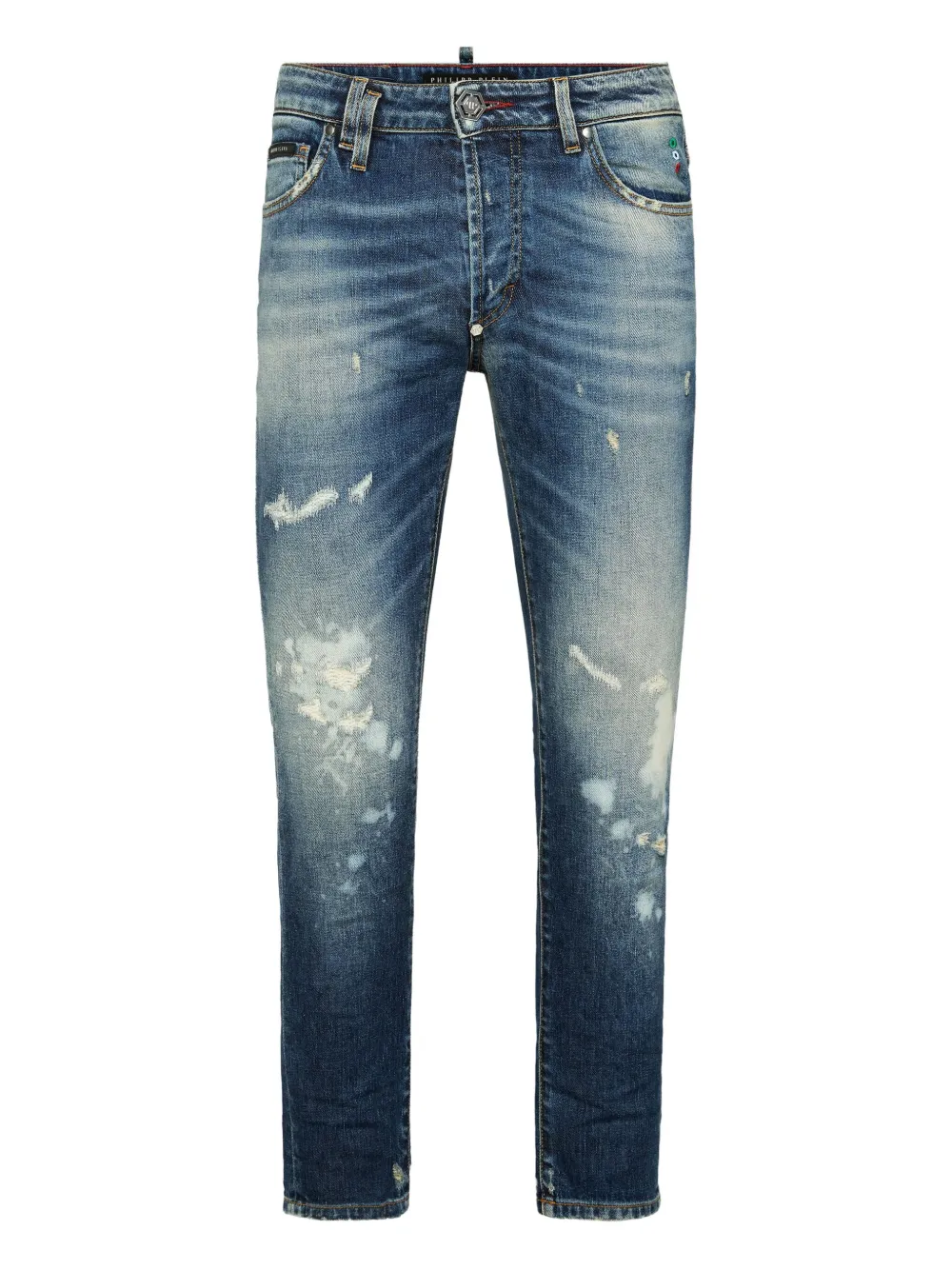 Philipp Plein Distressed Paint-splatter Jeans In Blue
