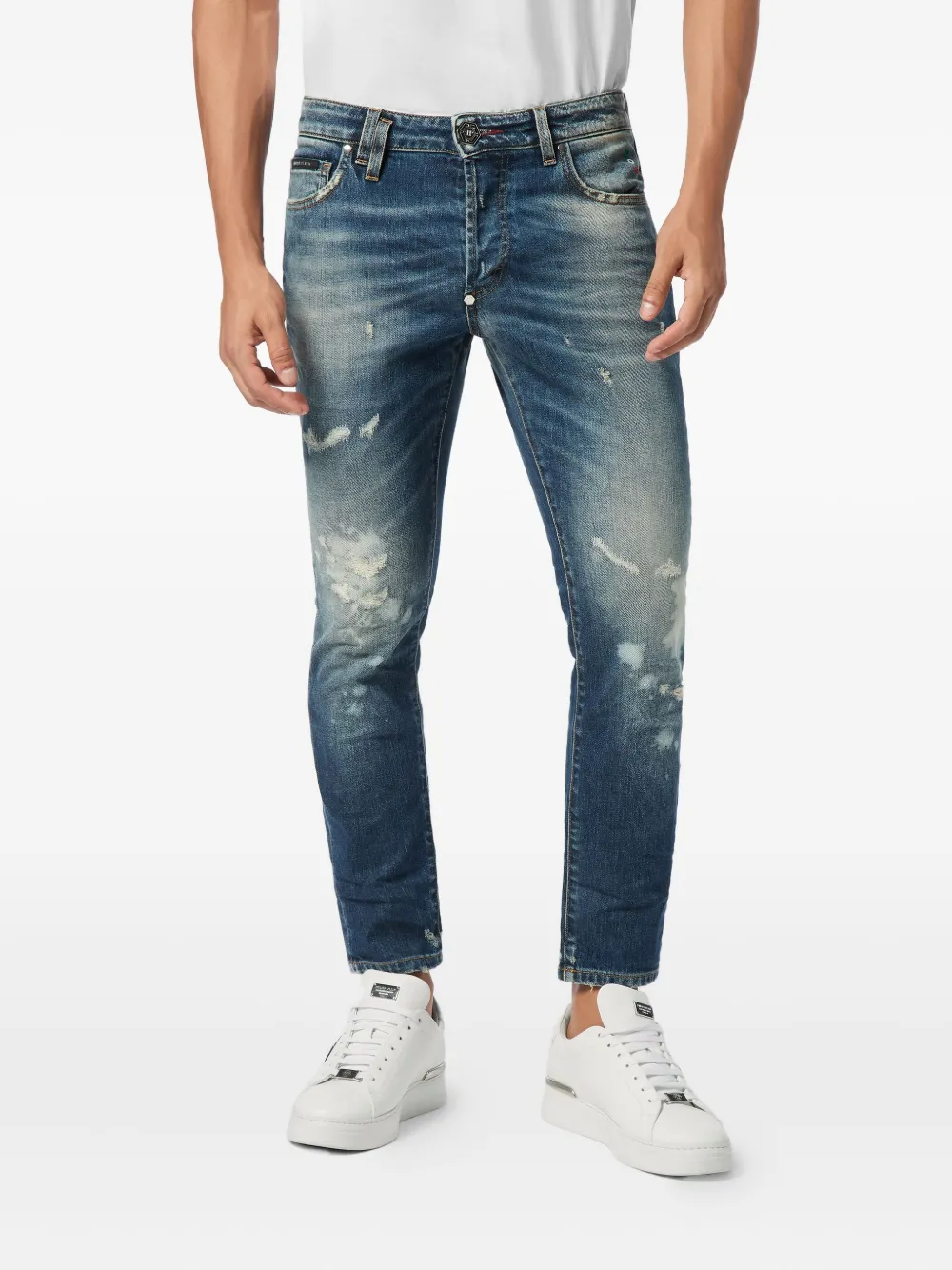 Philipp Plein Distressed Paint-splatter Jeans In Blue