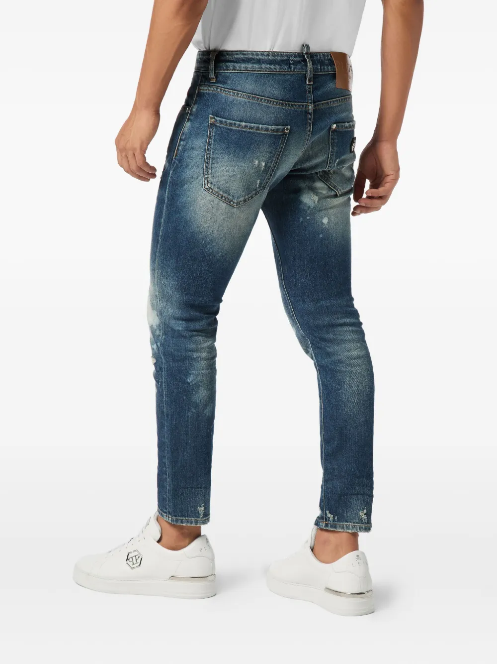 Philipp Plein Distressed Paint-splatter Jeans In Blue