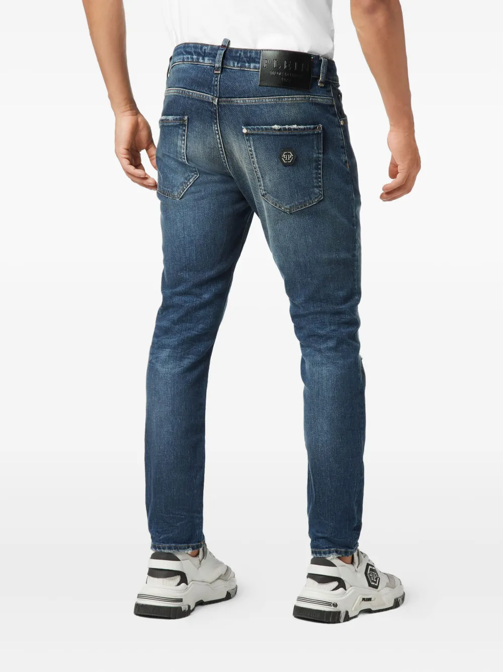Philipp Plein Distressed Logo-plaque Jeans In Blue