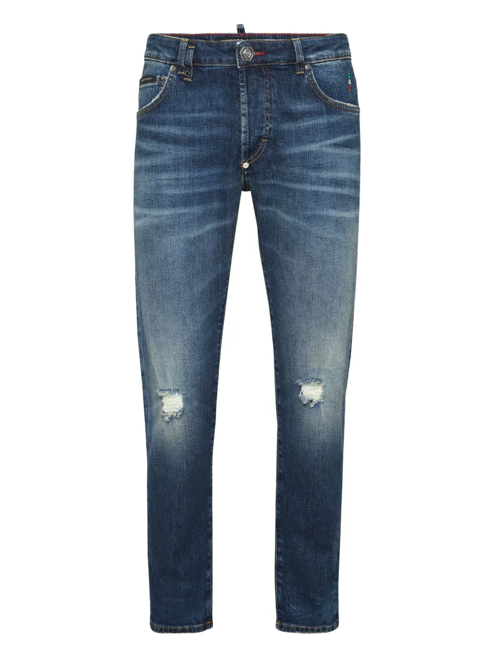 Philipp Plein Distressed Logo-plaque Jeans In Blue