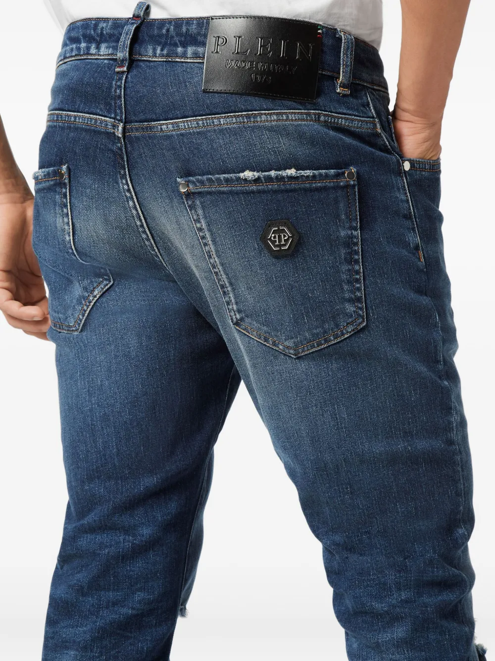 Philipp Plein Distressed Logo-plaque Jeans In Blue