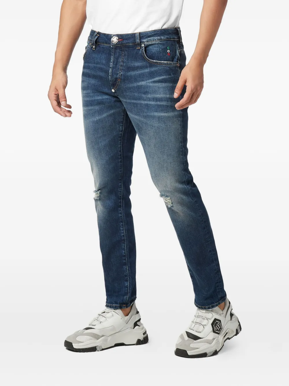 Philipp Plein Distressed Logo-plaque Jeans In Blue