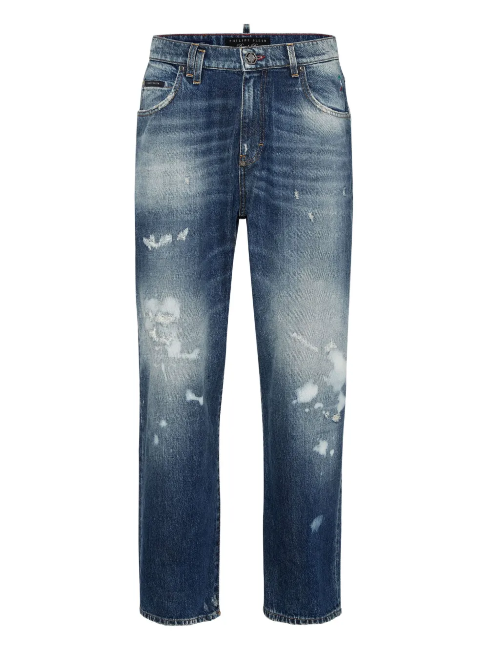 Philipp Plein Distressed Paint-splatter Jeans In Blue