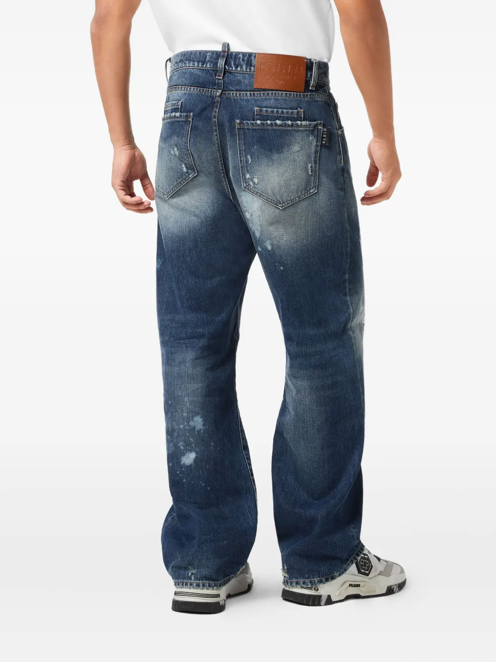 Philipp Plein Distressed Paint-splatter Jeans In Blue
