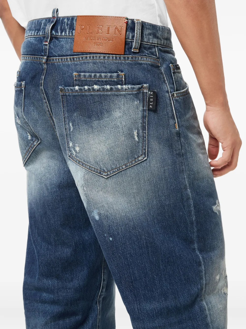 Philipp Plein Distressed Paint-splatter Jeans In Blue