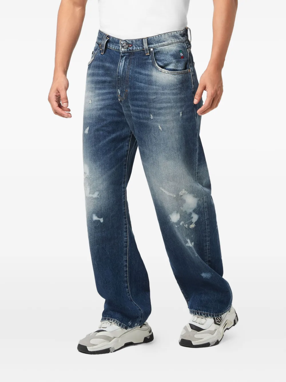 Philipp Plein Distressed Paint-splatter Jeans In Blue
