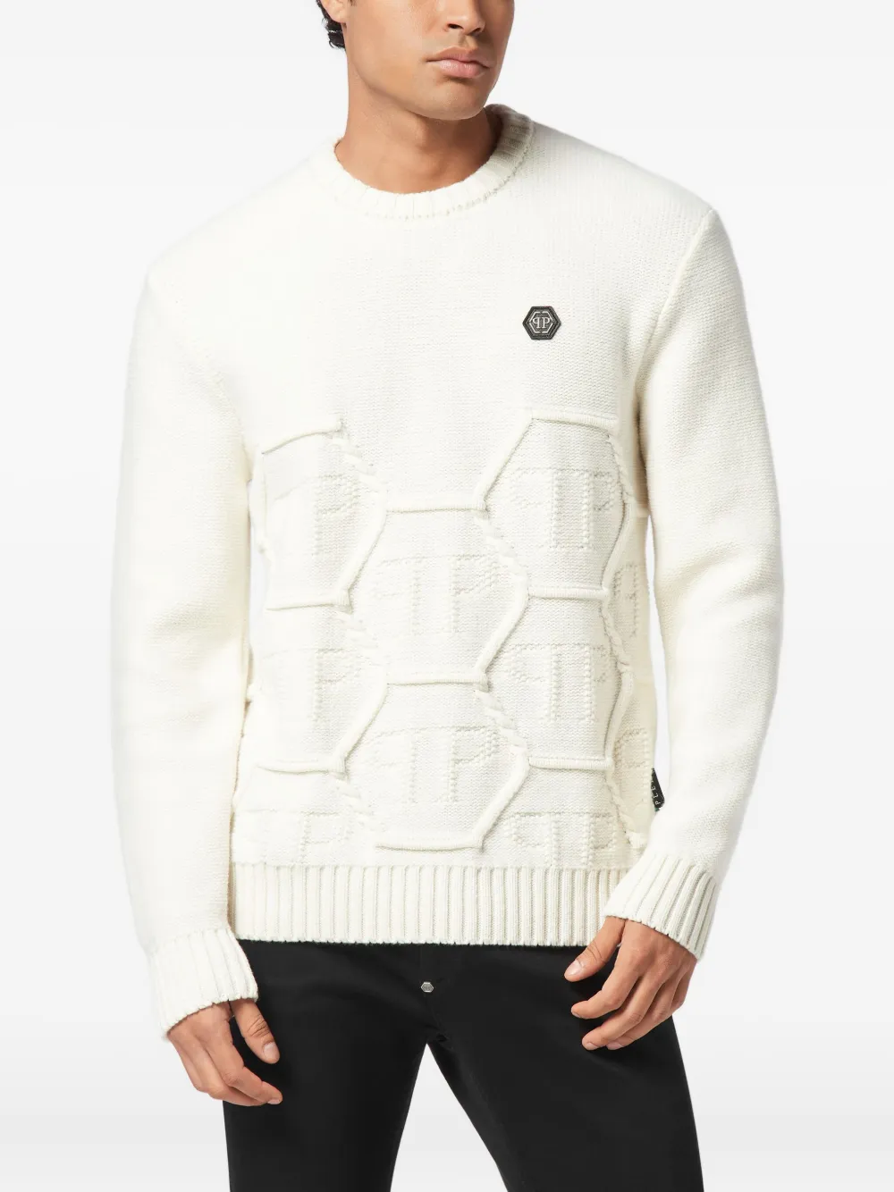 Philipp Plein Trui van lamswol met zeshoekig patroon - Wit
