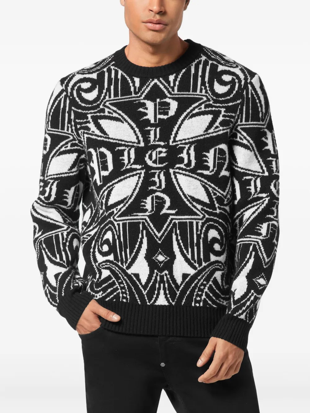 Philipp Plein Trui van lamswol met gekruist patroon - Zwart